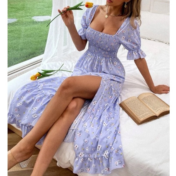 Kara and Kate Dresses & Skirts - LAST ONE Boho lilac purple floral print shirred slit thigh maxi dress